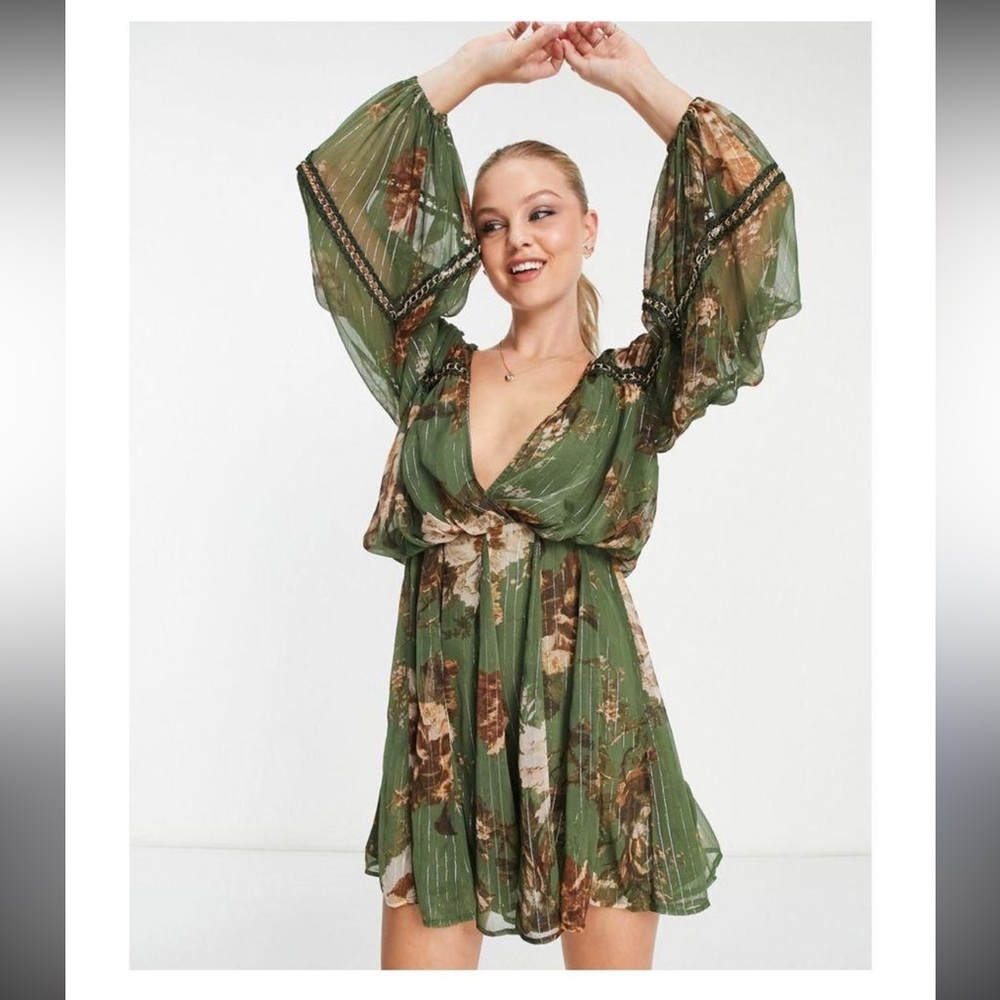 ASOS NWT Green Boho Floral Whimsical Mini Dress size 10